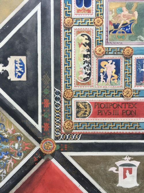 Ceiling of Library Siena Cathedral Italy, Original Antique Architectural Watercolour Painting