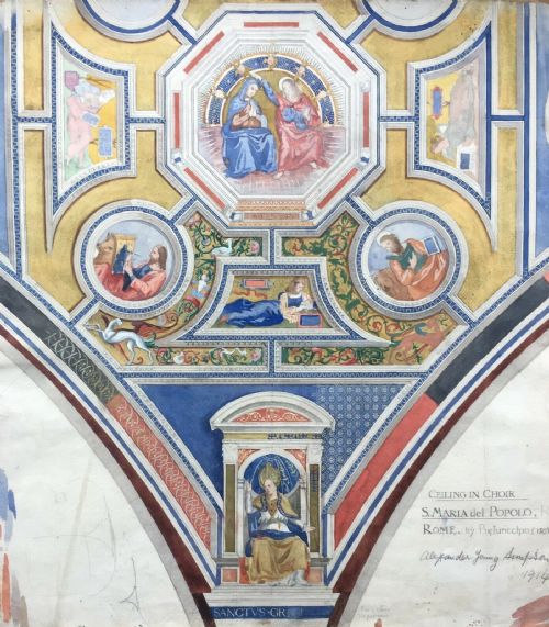 Ceiling of Santa Maria Del Popolo, Rome, Italy, Original Antique Architectural Watercolour Painting