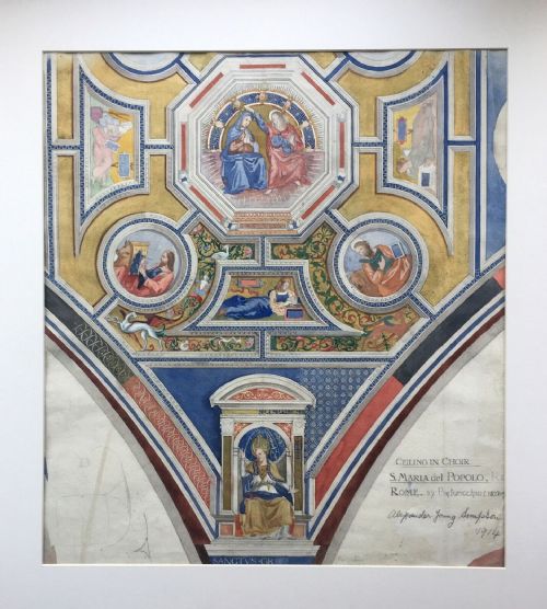 fig 1. Ceiling of Santa Maria del Popolo, Rome, Italy, Original Antique Architectural Watercolour Painting 
