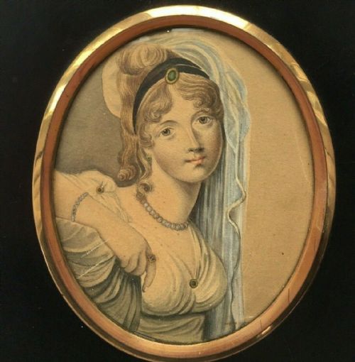 Paper Mache Framed Original Miniature Watercolour Painting Young Lady in Classical Dress & Veil