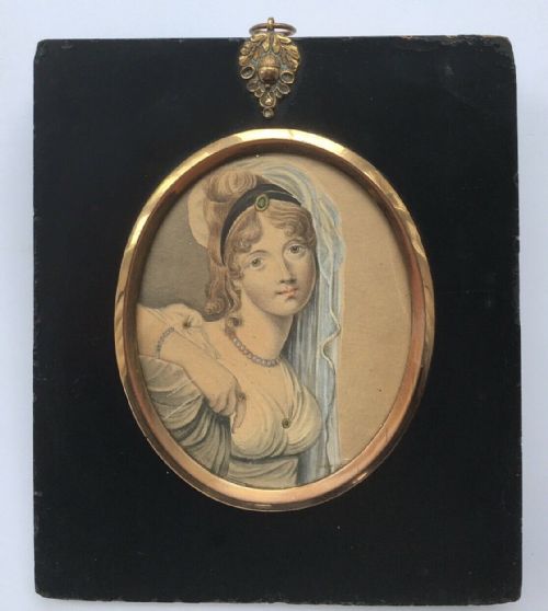fig 1. Paper Mache Framed Original Miniature Watercolour Painting Young Lady in Classical Dress & Veil