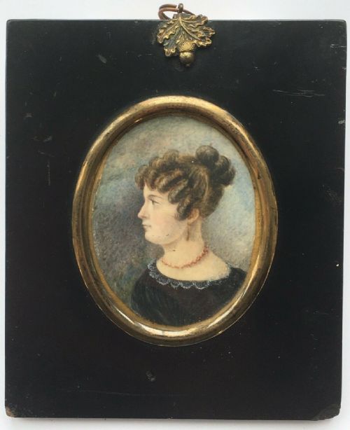 Miniature Original English Antique Watercolour Painting Paper Mache Frame Portrait Young Victorian Lady in Black Dress with Lace Collar