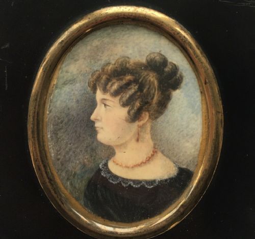 fig 1. Miniature Original English Antique Watercolour Painting Paper Mache Frame Portrait Young Victorian Lady in Black Dress with Lace Collar