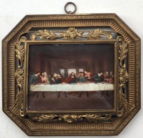 Original Antique Miniature Painting of the last Supper Mounted in Glazed Gilt Frame