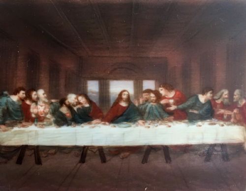 fig 1. Original Antique Miniature Painting of the Last Supper Mounted in Glazed Gilt Frame
