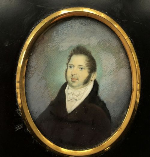 Original Early 19th Century Miniature English Antique Watercolour Painting in Paper Mache Frame Gentleman with Side Whiskers