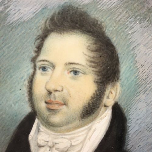 fig 1. Original Early 19th Century Miniature English Antique Watercolour Painting in Paper Mache Frame Gentleman with Side Whiskers