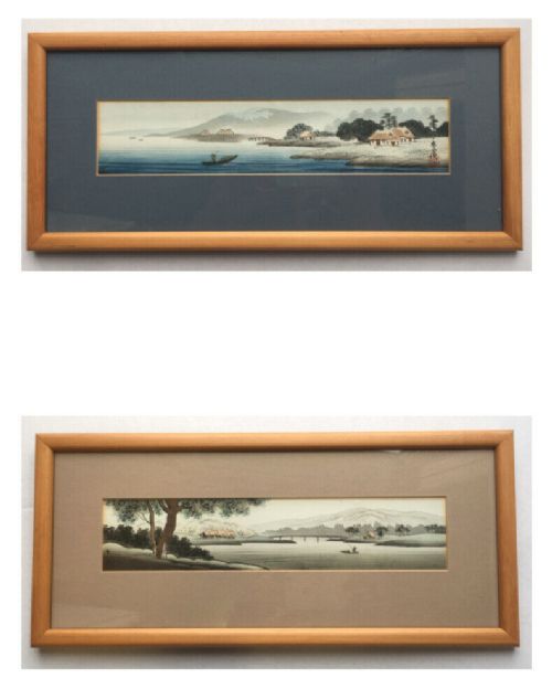 2 Original Antique Japanese Signed Seal Marked Watercolour Paintings River Scenes