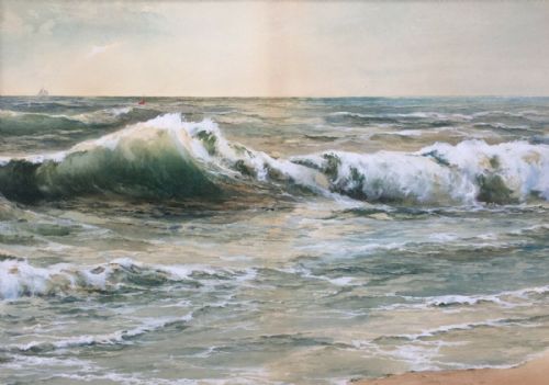 fig 1. Robert Veentliet (American) Signed Original Early 20th Century Antique Watercolour Painting Waves Crashing