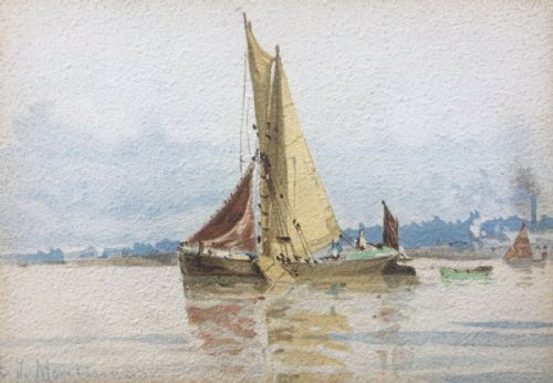 Edoardo De Martino Signed Original 19th Century Antique Miniature Watercolour Painting English Port Seascape