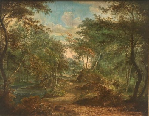 Norwich School Original 19th Century Antique Oil Painting on Wood Panel Circle of James Stark Terrier Men Woodland Landscape
