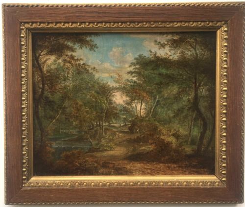 fig 1. Norwich School Original 19th Century Antique Oil Painting on Wood Panel Circle of JAMES STARK Terrier Men Woodland Landscape