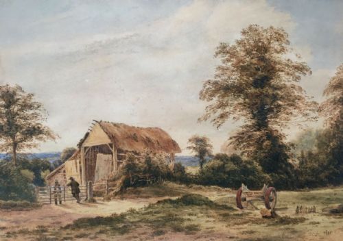Julius Godet Signed Original 19th Century English Antique Watercolour Painting Harvest Farm Landscape