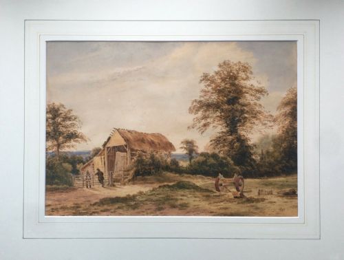 fig 1. Julius Godet Signed Original 19th Century English Antique Watercolour Painting Harvest Farm Landscape