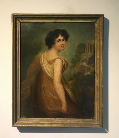 Manner of George Romney Original 19th Century English Antique Oil Painting Portrait Lady & Classical Landscape