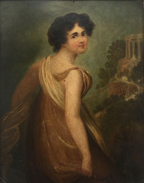 fig 1. Manner of George Romney Original 19th Century English Antique Oil Painting Portrait Lady & Classical Landscape