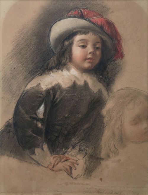 fig 1. Frederick Goodall RA Original 19th Century Antique Painting Charcoal & Watercolour Preparatory Sketch Study Charles I & Queen Henrietta's Child