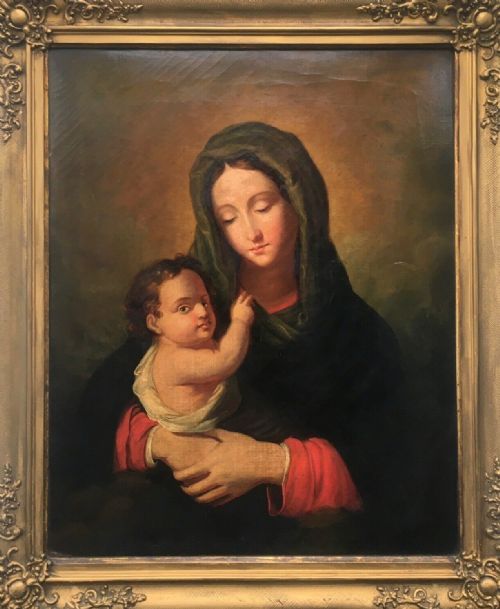 fig 1. Manner of Sassoferrato Original Antique Oil Painting on Canvas Portrait of Madonna & Child