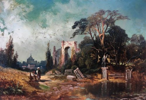 Franz Hoepfner Signed Original 19th Century German Antique Oil Painting on Panel Capriccio & Figures