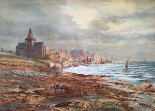 Robert B Johnston Signed Original 19th Century Antique Watercolour Painting, Collecting Kelp St Monans Scotland