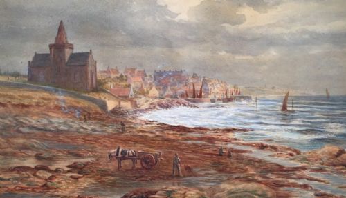 fig 1. Robert B Johnston Signed Original 19th Century Antique Watercolour Painting, Collecting Kelp St Monans Scotland