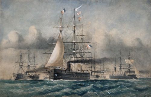Manner of Edwin Weedon 1870 Watercolour Painting French Fleet Steam War Ships
