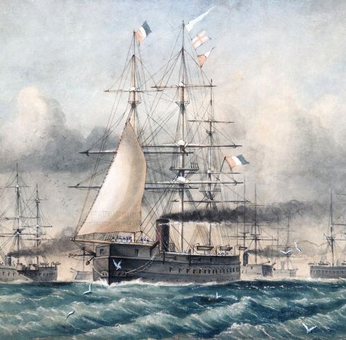 fig 2. Manner of Edwin Weedon 1870 Watercolour Painting French Fleet Steam War Ships