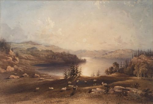 Charles F Buckley Signed Original 19th Century Antique Watercolour Painting Sheep & Lake Landscape