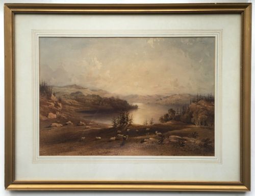 fig 1. CHARLES F BUCKLEY Signed original 19th Century Antique Watercolour Painting Sheep & Lake Landscape