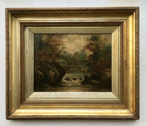 Signed J Miller Original Antique Oil Painting River Landscape Bridge & Figure