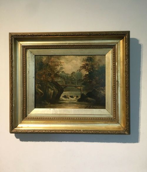 fig 1. Signed J MILLER Original Antique Oil Painting River Landscape Bridge & Figure