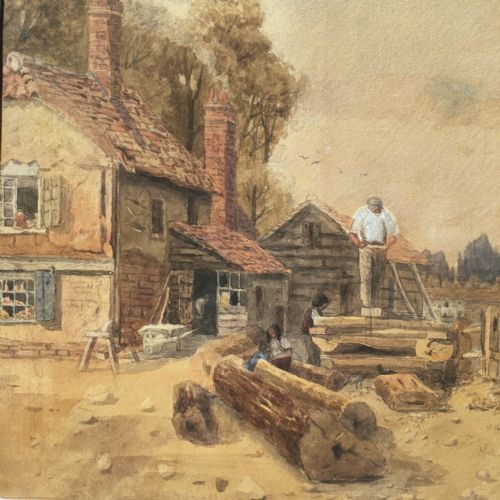 Thomas Pyne Original 19th Century English Antique Watercolour Painting "Loggin" Village Figures Working in Rural Landscape