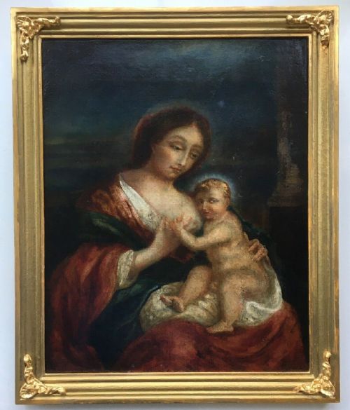 Original Antique Oil Painting on Canvas 19th Century School Portrait of the Virgin Mary & Child