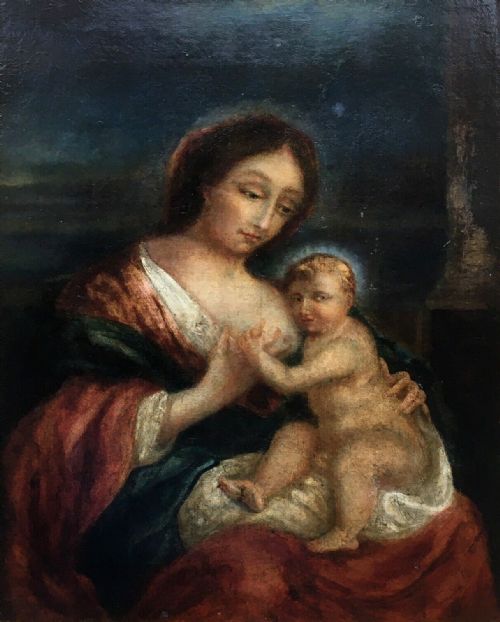 fig 1. Original Antique Oil Painting on Canvas 19th Century School Portrait of The Virgin Mary & Child