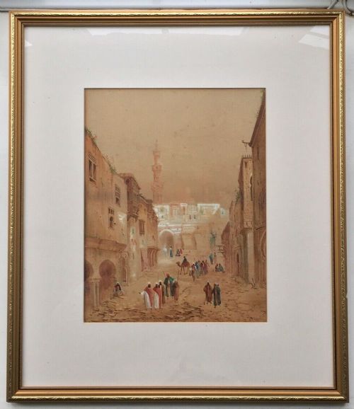 Henry Stanton Lynton Signed Original 19th Century Framed Watercolour Painting Busy Arab Street Scene