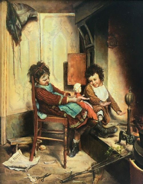 After Gaetano Chieric Signed Original Vintage Oil Painting Portrait of Children