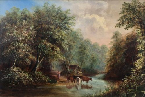 Original British School Antique Oil Painting on Card River Landscape Scene with Cattle