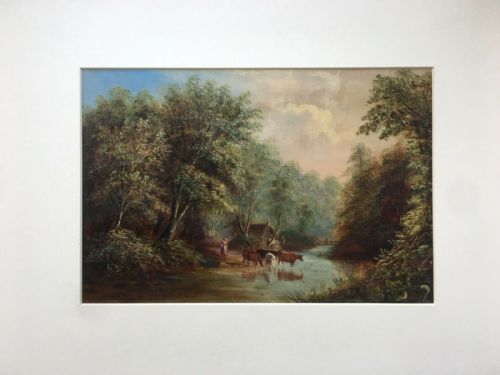 fig 1. Original British School Antique Oil Painting on Card River Landscape Scene with Cattle