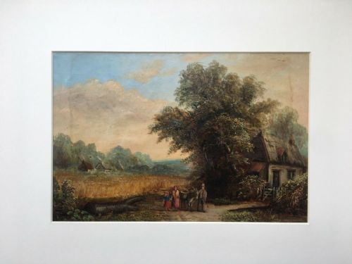 Original British School Antique Oil Painting Rural Landscape Donkey & Figures