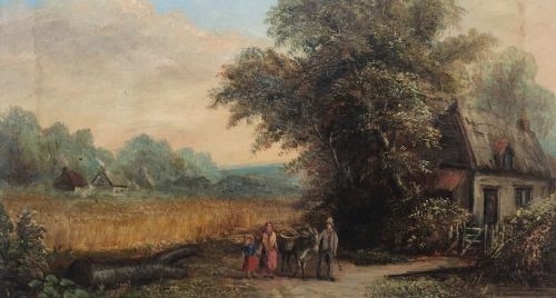 fig 1. Original British School Antique Oil Painting Rural Landscape Donkey & Figures