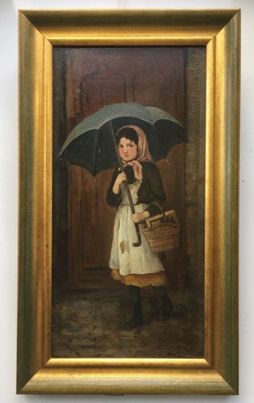 Original Signed Antique Oil Painting on Canvas Continental School, Girl with Umbrella