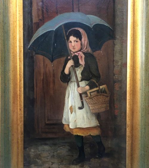 fig 1. Original Signed Antique Oil Painting on Canvas Continental School, Girl with Umbrella