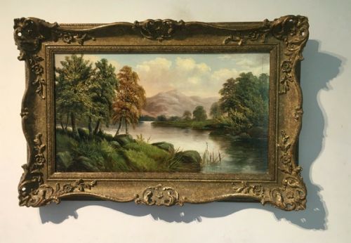 Benjamin Hold Original 19th Century Antique Oil Painting on Panel Lake & Mountain Landscape