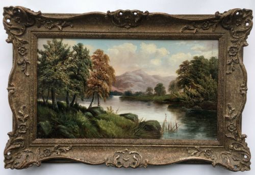 fig 1. Benjamin Hold Original 19th Century Antique Oil Painting on Panel Lake & Mountain Landscape