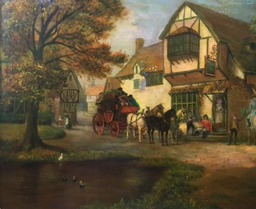 Original 19th Century Canvas Oil Painting of a Stage Coach at the Stag Inn with Figures in a Village Landscape Presented in Large Decorative Frame