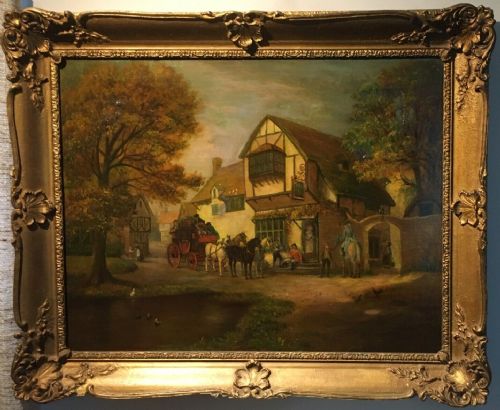 fig 1. Original 19th Century Canvas Oil Painting of a Stage Coach at the Stag Inn with Figures in a Village Landscape Presented in large Decorative Frame