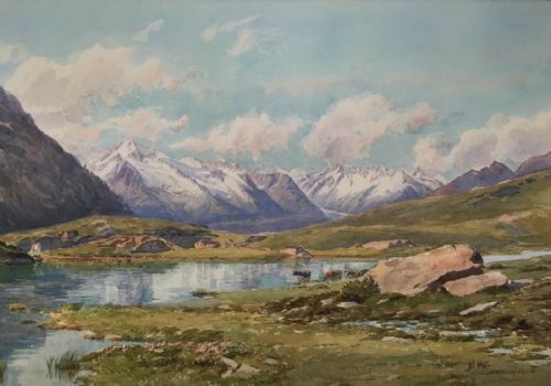 Charles Jones Way Lake on Kulm Simplon Switzerland Original Signed Antique Watercolour Landscape Painting
