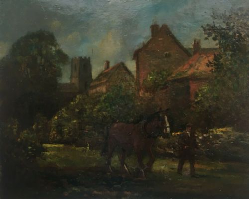Geoffrey Mortimer Original Oil Painting on Board Village Landscape at Dawn, Figure & Horse