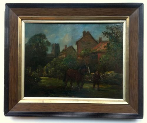 fig 1. Geoffrey Mortimer Original Oil Painting on Board Village Landscape at Dawn, Figure & Horse