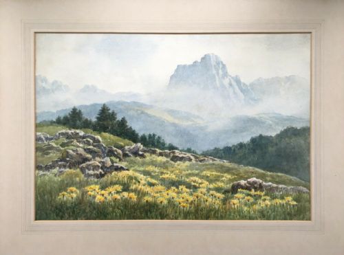 fig 1. Monogrammed J.S. Original Antique Watercolour Painting Mountains in Springtime